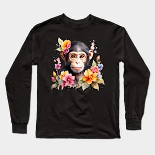 A baby chimpanzee decorated with beautiful watercolor flowers Long Sleeve T-Shirt